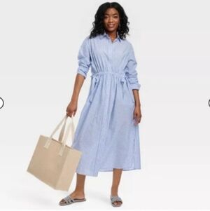 Women's Long Sleeve‎ Cinch Waist Maxi Cotton Shirtdress